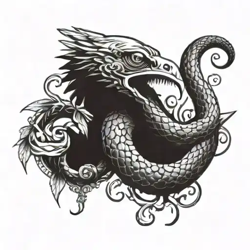 snake killing a crow by wrapping around it hanging upside down tattoo design idea
