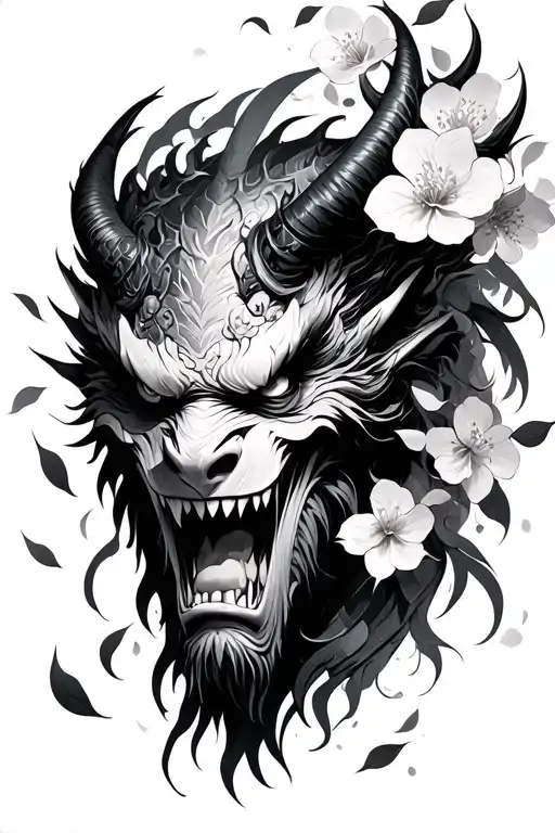 Japanese demon and blossom petals falling tattoo design idea