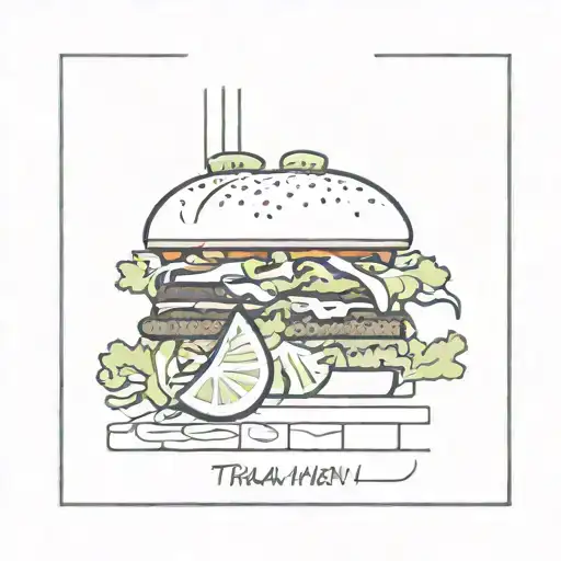 Brick wall with tirahen frame and salad and hamburger tattoo design idea