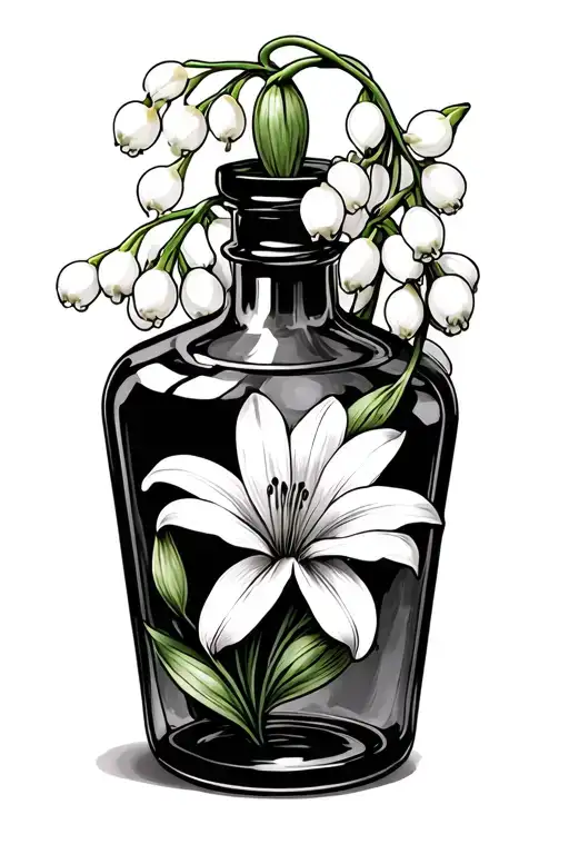 poison bottle surrounded by lily of the valley flower tattoo design idea