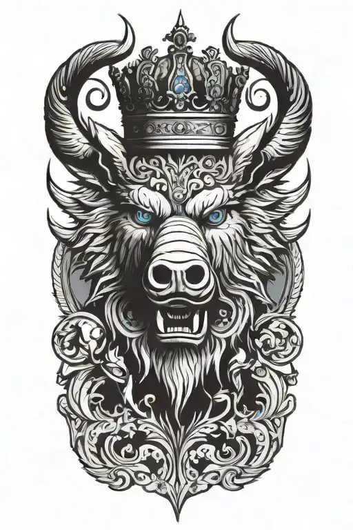 angry boar with tusks and wings wearing a crown with blue eyes tattoo design idea