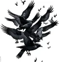 flock of crow birds going up the front of the leg with the Naruto itachi charact tattoo design idea