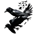 flock of crow birds going up the front of the leg with the Naruto itachi charact tattoo design idea