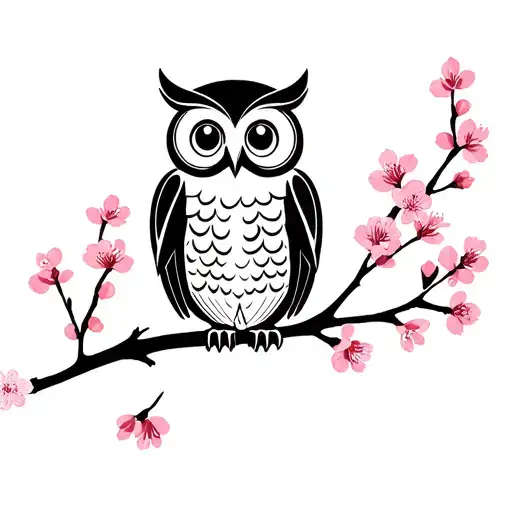 cute owl on a cherry blossom branch  tattoo design idea