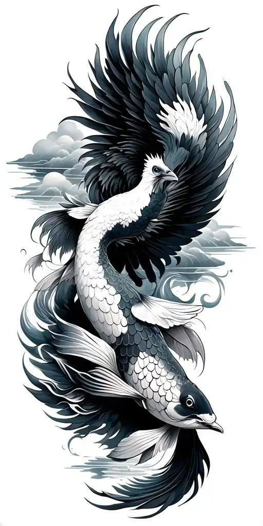 Asian phoenix and koi fish intertwined with clouds and water in background tattoo design idea