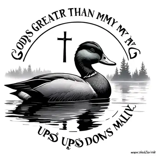 gods greater than my ups and downs with cross and mallard duck  tattoo design idea