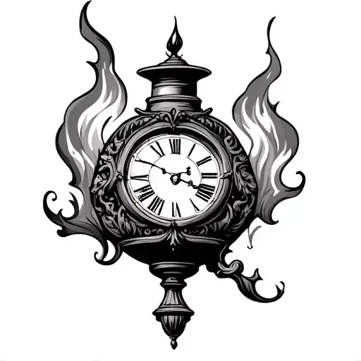 ancient oil lamp burning with clock face standing above it tattoo design idea