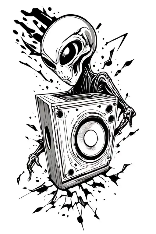 alien coming out (breaking out) of speaker. rave techno crazy tattoo. music makes me free tattoo design idea