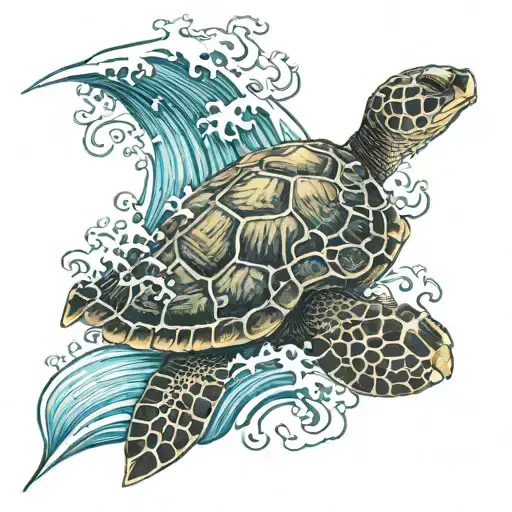 turtle, waves, surfboard floating on wave tattoo design idea