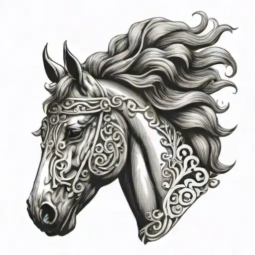beautiful head of a horse sorounded by some roman/greek style tattoo design idea