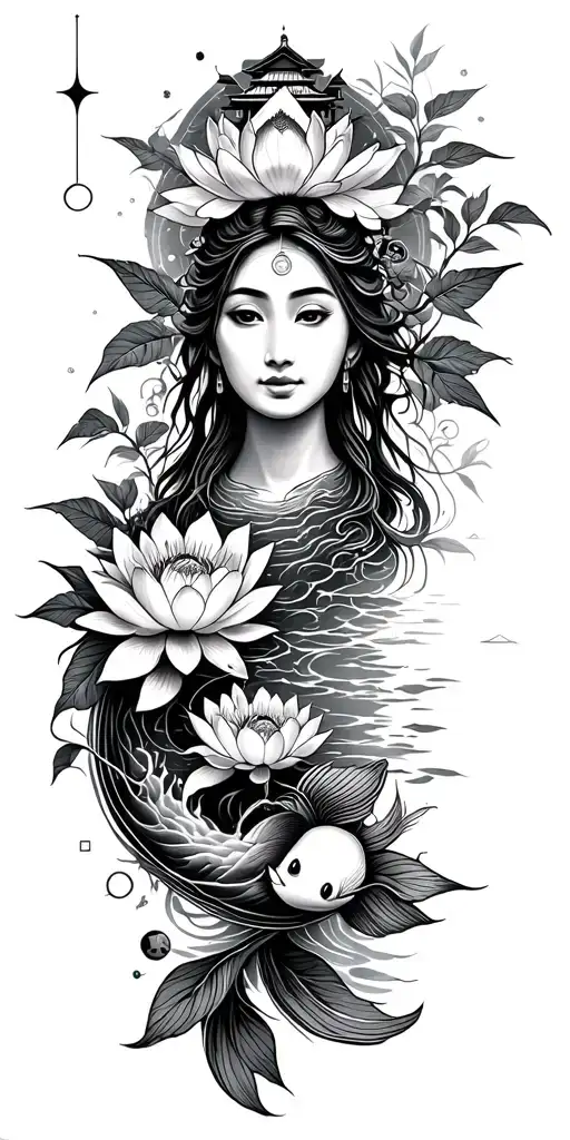 path of enlightenment along sleeve from wrist to shoulder. lotus, water, constellation, koi, bamboo, tiny home tattoo design idea