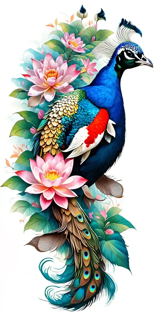 peacock, cherry blossom, koi, lotus tattoo design idea