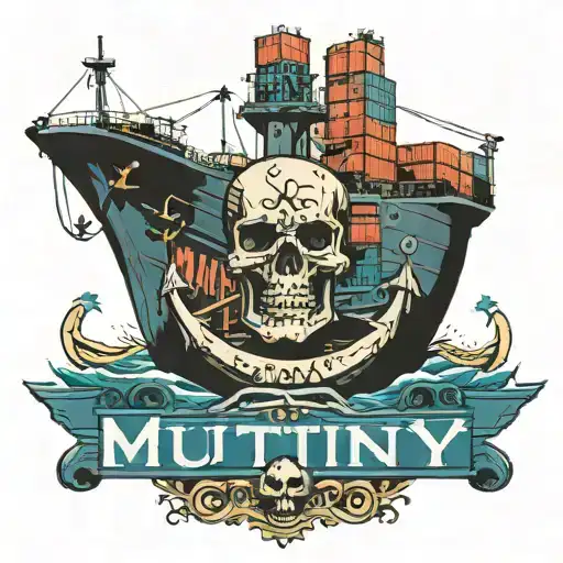 container ship with stacks of containers with a skull and anchor below and with text below that says "MUTINY" tattoo design idea