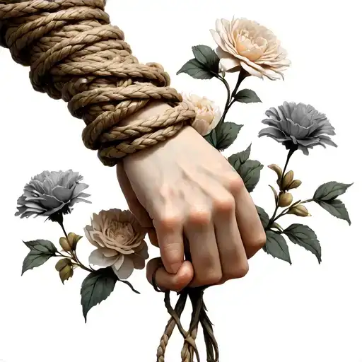 slave girl hands holding flowers and wrists wrapped in Shibari rope tattoo design idea