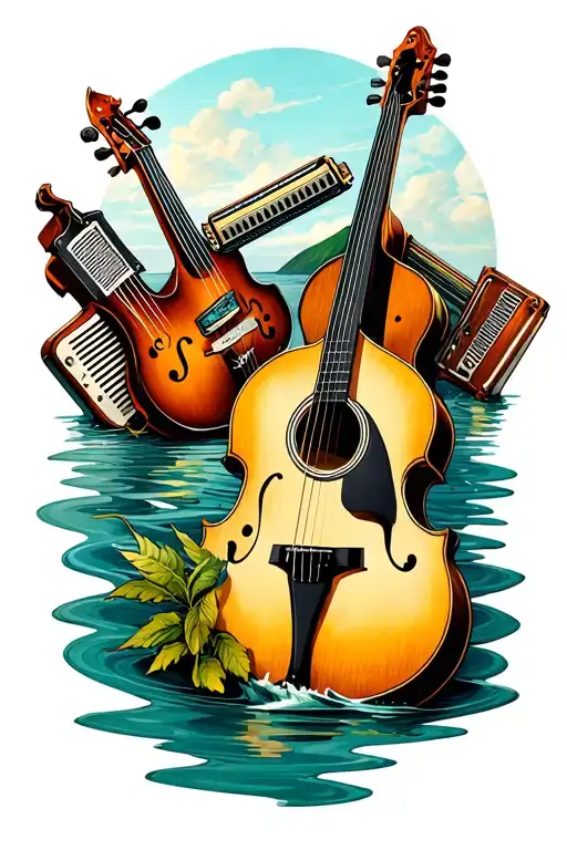 body of water background with detailed musical instruments on top including guitar, double bass, harmonica, washboard tattoo design idea