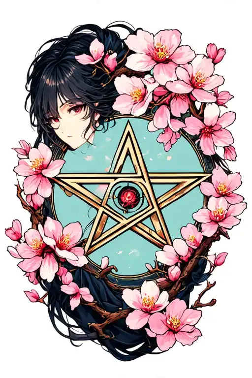 pentagram in a Japanese cherry blossom tattoo design idea