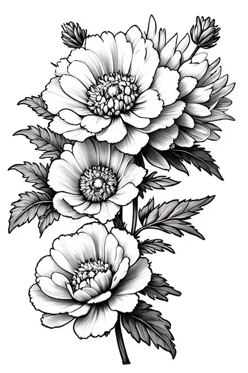 Carnation Larkspur Marigold Cosmos Chrysanthemum Peony tattoo design idea
