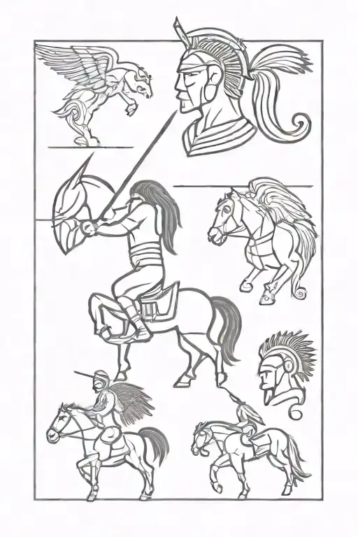 Amazon warrior, Spartan spear and helmet and Pegasus tattoo design idea