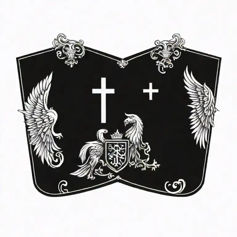 Coat of arms with pair wing of dove and cross in the shield, helm templar tattoo design idea