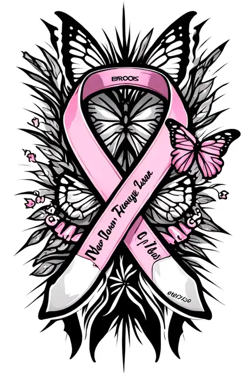 breast cancer ribbon with brooks running shoes and a butterfly and three names able to add on tattoo design idea
