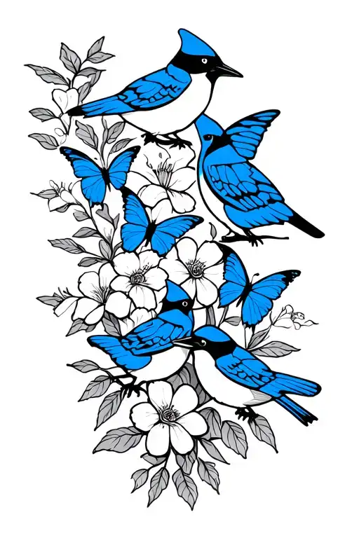 blue jays flowers and butterflies intertwined tattoo design idea
