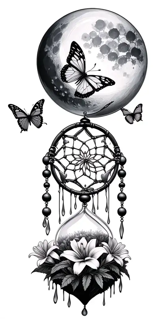 "Clara Alonzo Leslie " An hourglass moon dream catcher filled with lilies and butterflies Queen Anne's lace  nature tears broken depressed tattoo design idea