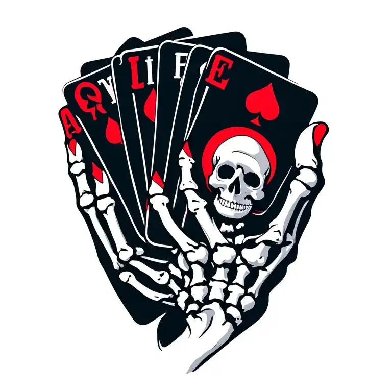 Skeleton hand holding 4 Playing cards that spell out Life tattoo design idea