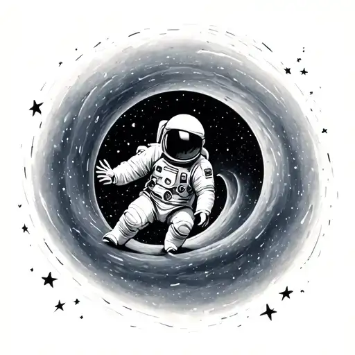 black hole astronaut floating in space reaching towards the stars tattoo design idea