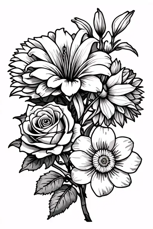 a Lilly , a chrysanthemum, three roses, a Marigold, and a daffodil tattoo design idea