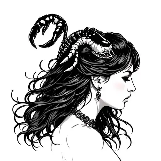 Lady wearing a scorpion headpiece. Water elements. Facing head on with the POV tattoo design idea