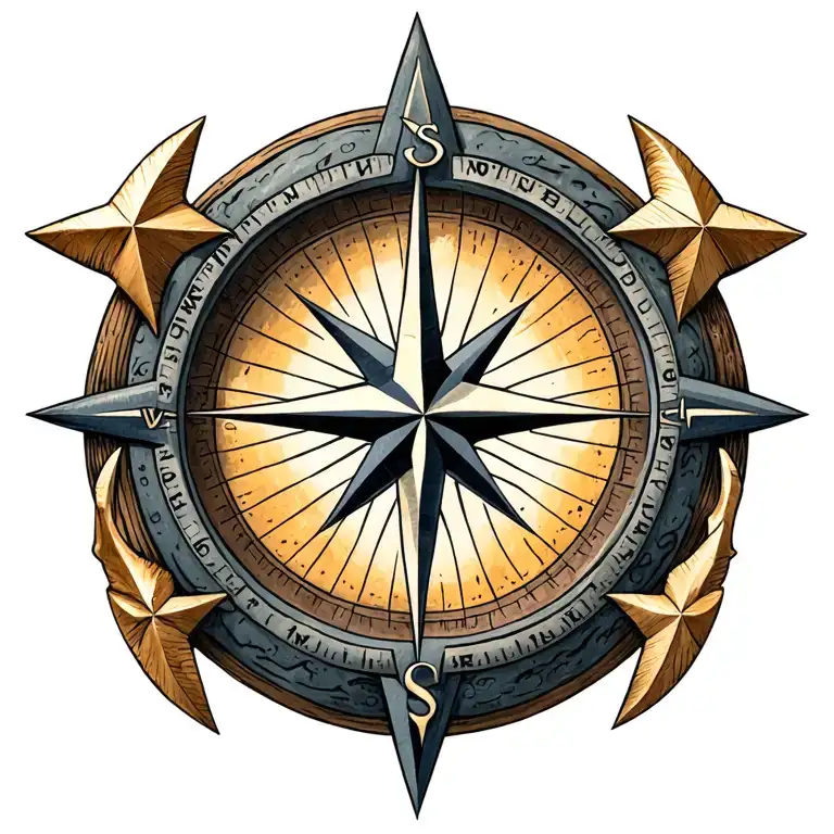 compass rose with little filling, place three stars around it, without touching the compass rose. tattoo design idea