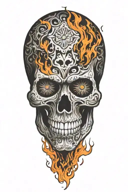 Sugar Skull engulfed in flames tattoo design idea