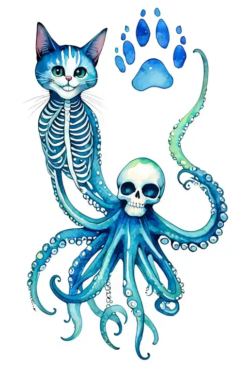 octopus, cat paw print, day of the dead, happy skeletons ,smiling cheshire cats, forest spirits tattoo design idea
