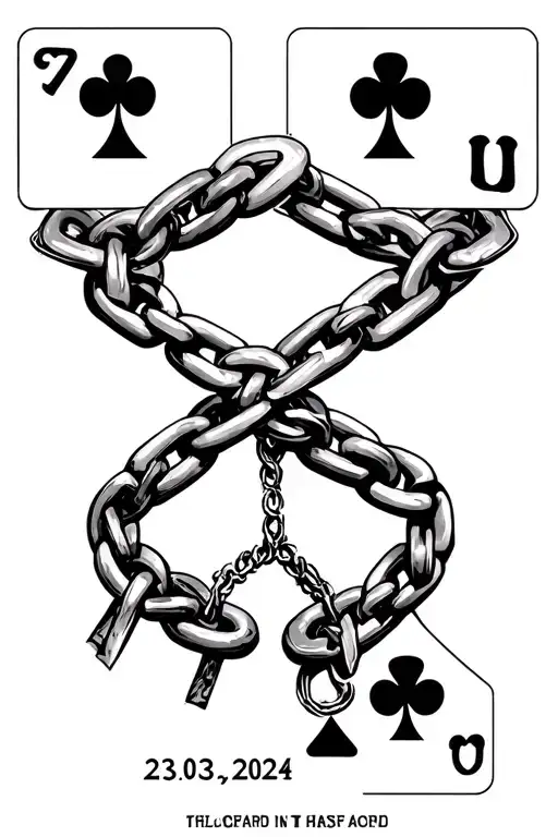 Broken chain forming the shape arround the armpit, within the chain a seven of hearts playcard and a date (23.03.2024) tattoo design idea