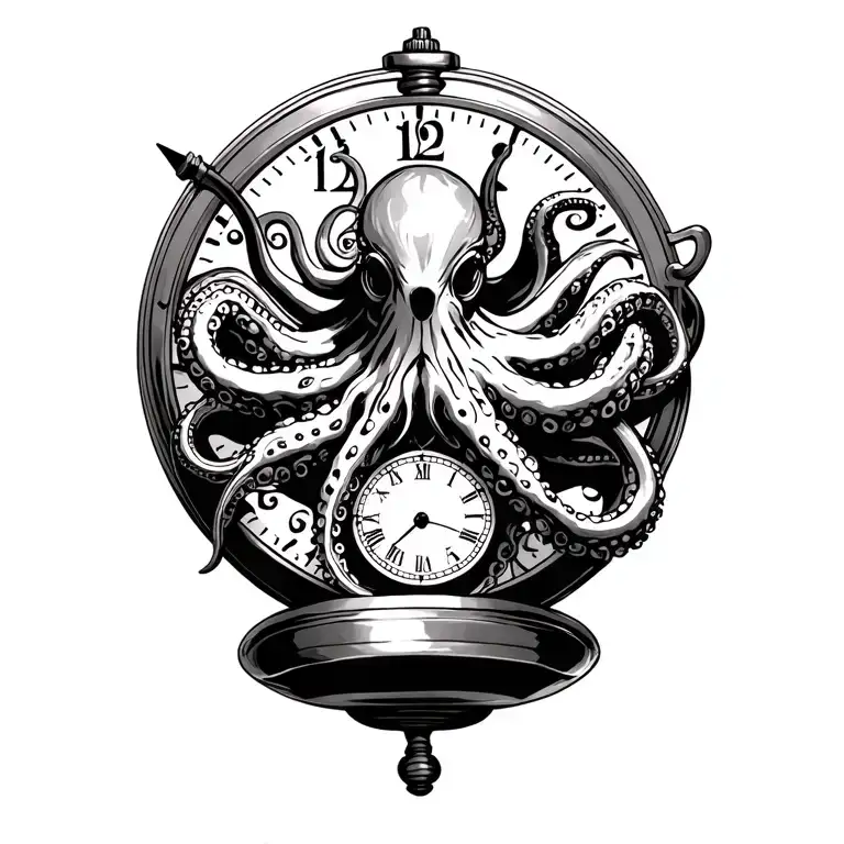 ornamental octopus wraps its tentacles around a vintage pocket watch.  tattoo design idea