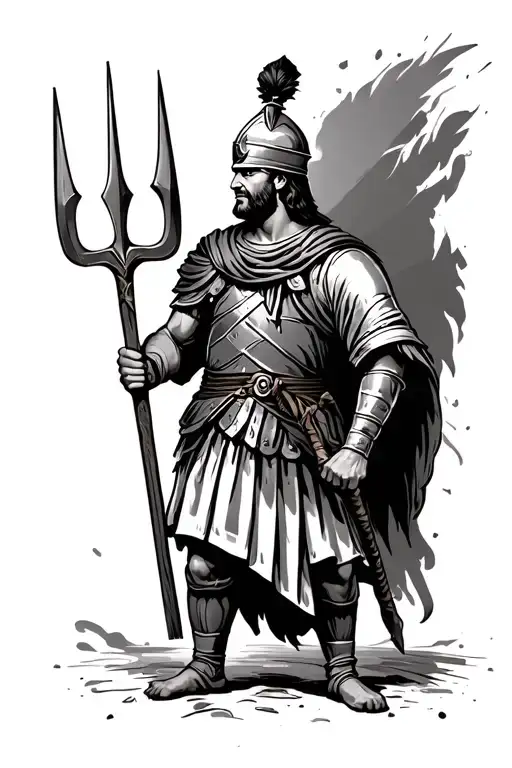 roman soldier holding pitchfork tattoo design idea