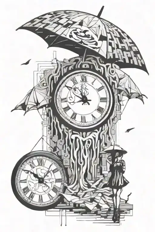 melting clock and banksy girl with umbrella tattoo design idea