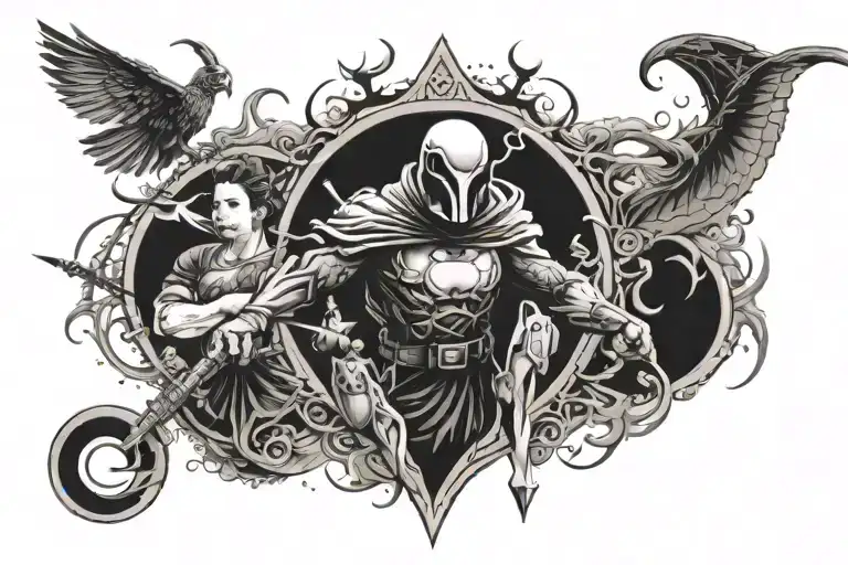 Create a sleeve tattoo design that seamlessly incorporates iconic characters and items from three beloved universes: Har tattoo design idea