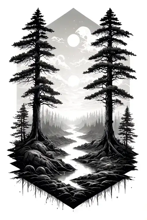 bio mechanical forest landscape symbolizing strength and resilience trippy geometric DMT LSD psylocibin  tattoo design idea