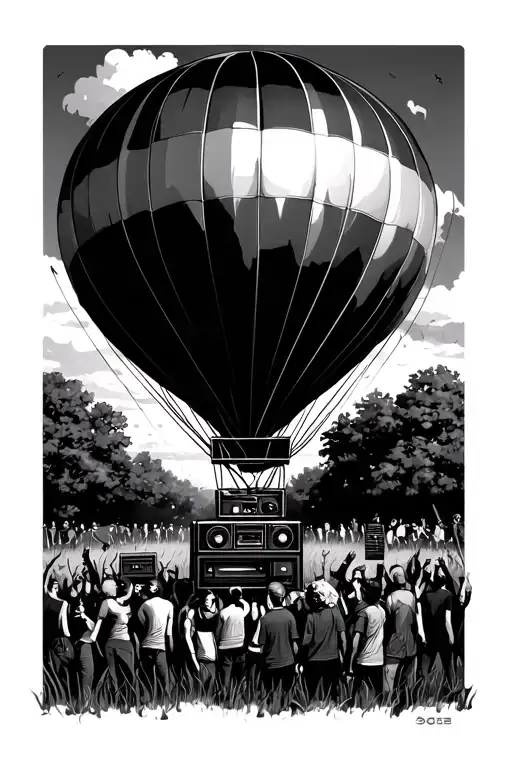 bristol hot air balloon at the back and a soundsystem in the field and people dancing tattoo design idea