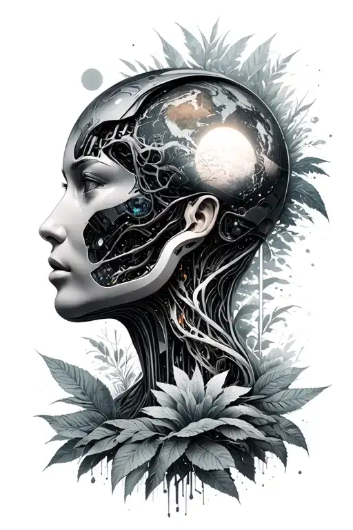 Artificial Intelligence integrating in the world. with nature and space. no sleeve tattoo design idea