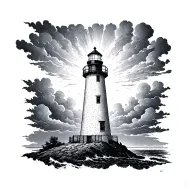 lighthouse standing tall shining light through a storm tattoo design idea