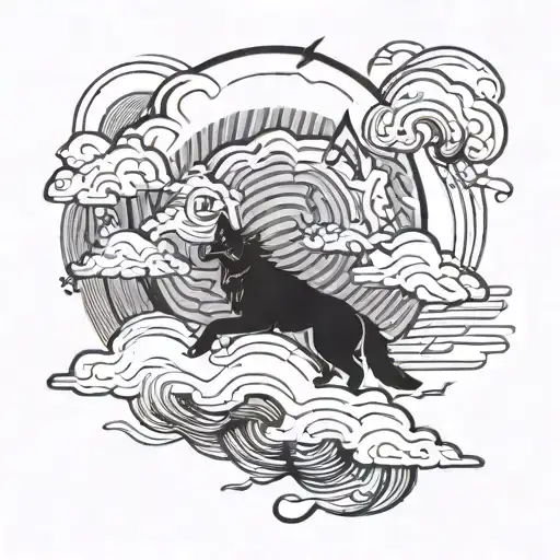 A storm cloud swirling with electrical bolts, with a wolf howling in the background tattoo design idea