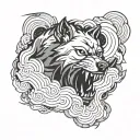A storm cloud swirling with electrical bolts, with a wolf howling in the background tattoo design idea