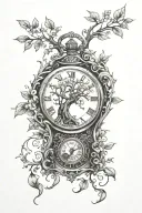 tree of life is inside the bottom of the hourglass and on top the design of the pocket watch tattoo design idea