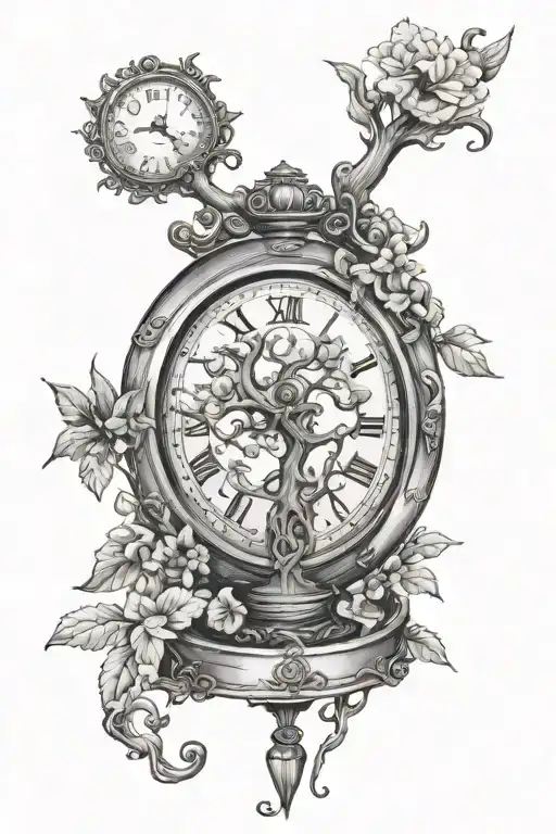 tree of life is inside the bottom of the hourglass and on top the design of the pocket watch tattoo design idea