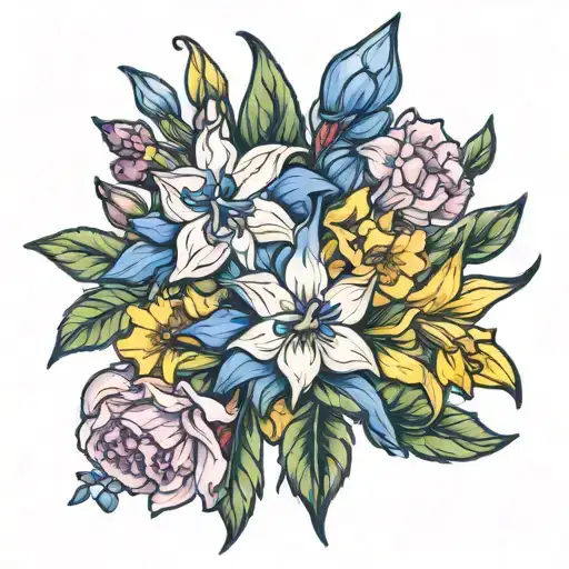 bouquet of flowers with daffodil, gladius, violet, and delphinium  tattoo design idea