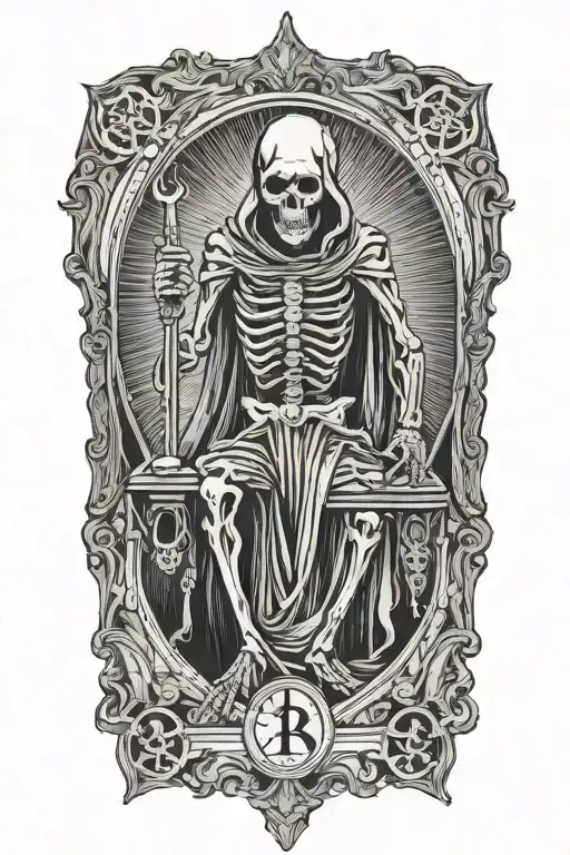 Tarot card, death. Represented as a hooded skeletal figure, posing like Baphomet tattoo design idea