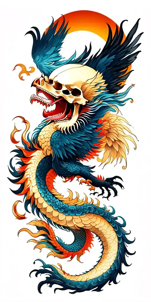 Chinese dragon and phoenix and skull and moon and raven tattoo design idea