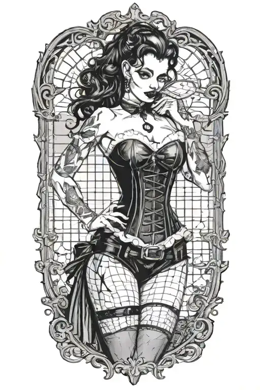 realistic scene of a gothic pinup girl waering half corset and fishnets being bitten by a scary male vampire tattoo design idea